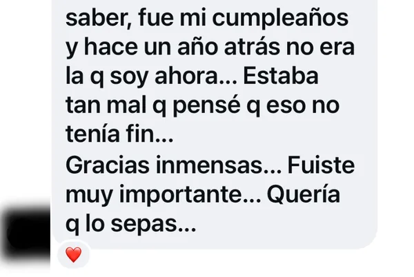 Mensaje de una paciente agradeciendo el acompañamiento